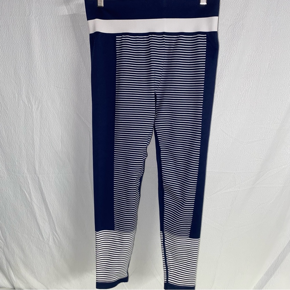 Champion Navy Blue/White Striped Cropped Legging, Size Large